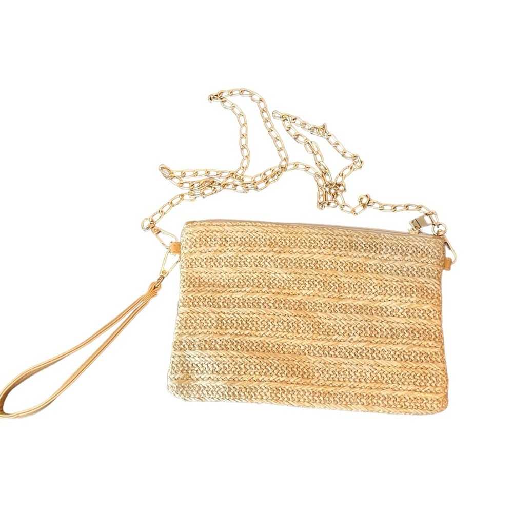 Woven Tan Goldish Crossbody Wristlet Bag Purse W/Gold Crossbody Link Chain - Picture 2 of 3